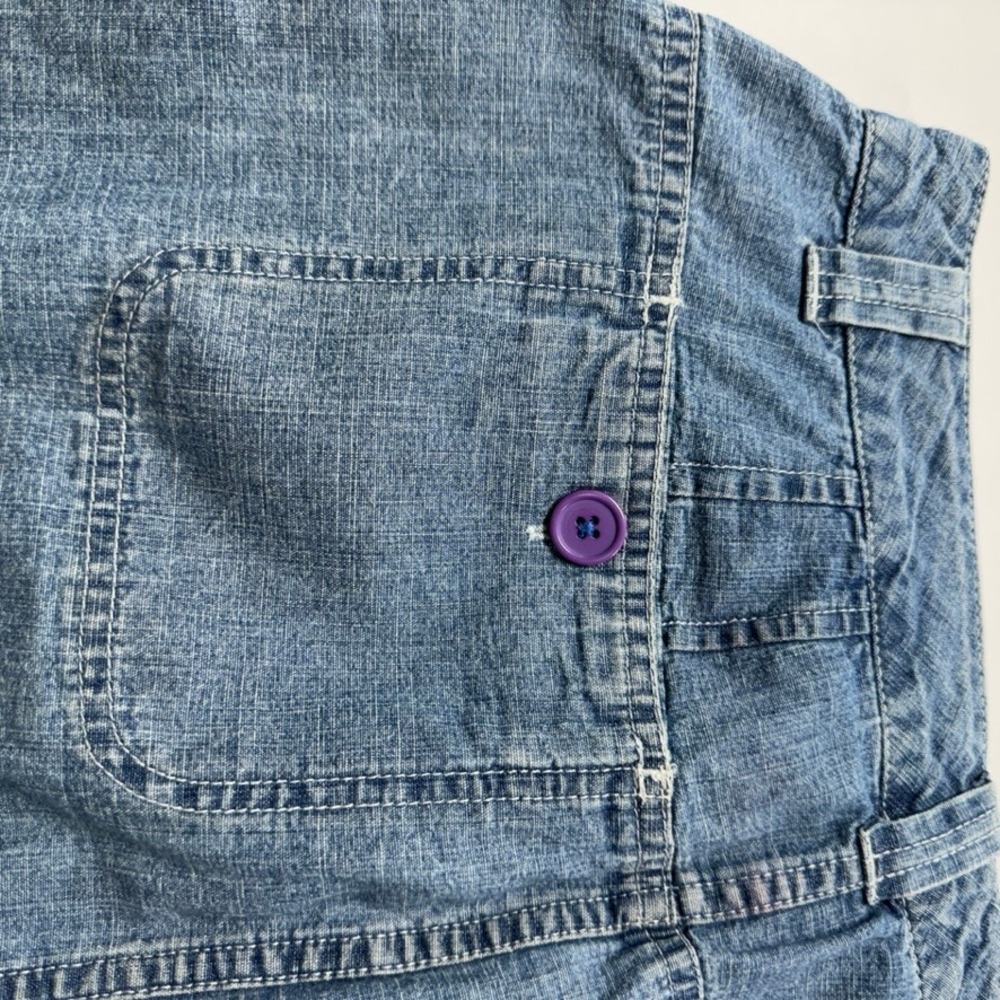 French Cuff Denim Mini Skirt Blue Cotton Purple Button Utility Pockets Size 8 - Picture 9 of 9
